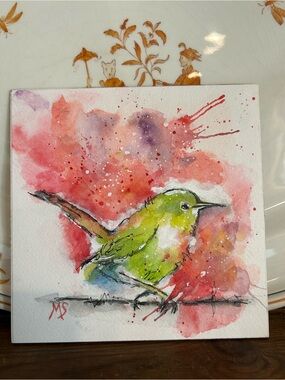 Watercolor Bird Art Painting - Green Bird on Red Wash 6x6”